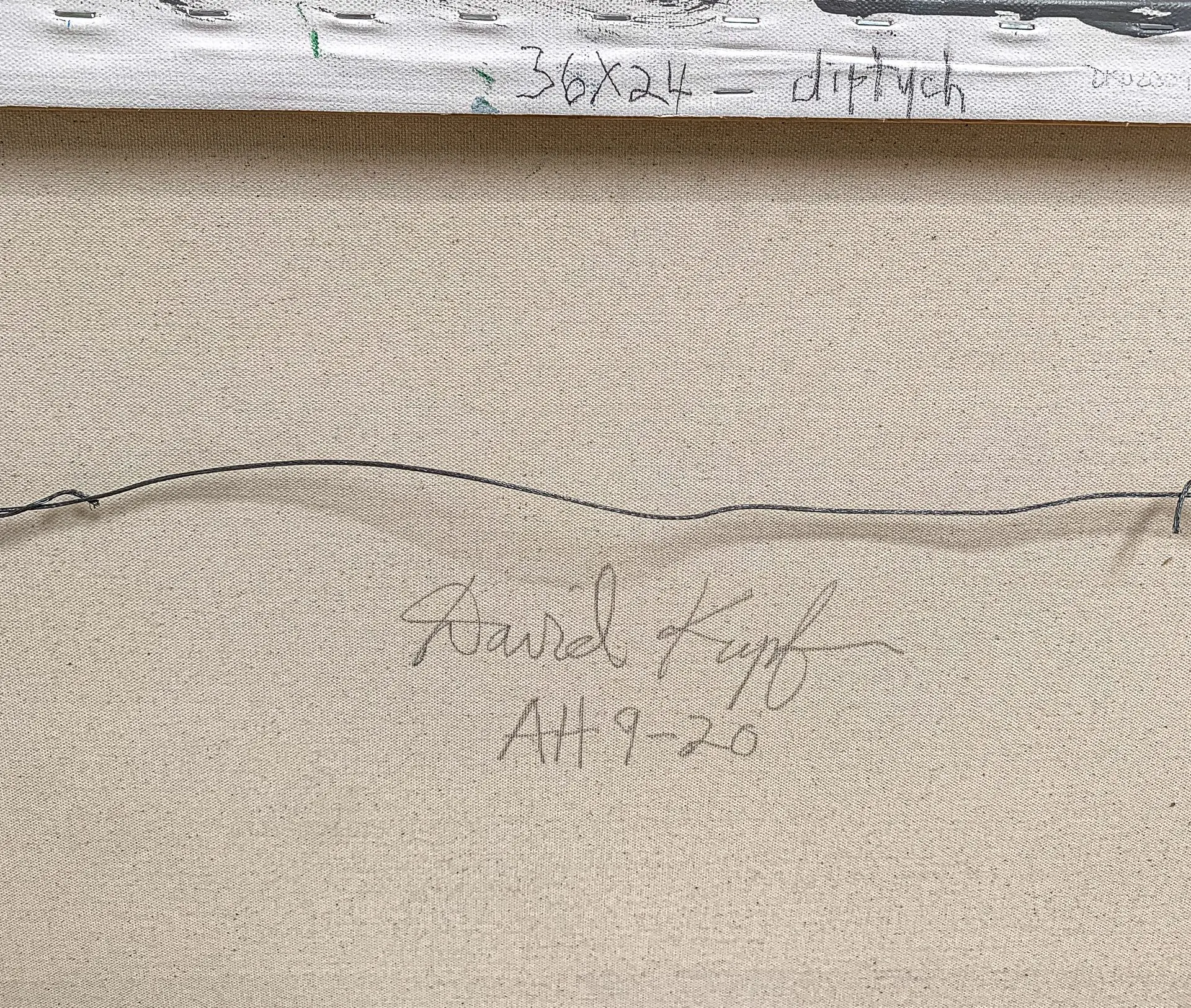 AH 9-19-20 Diptych David Kupferman Signature 2 A close-up detail photo of the signature on a modern, colorful geometric painting diptych by David Kupferman, AH 9-19-20 by David Kupferman