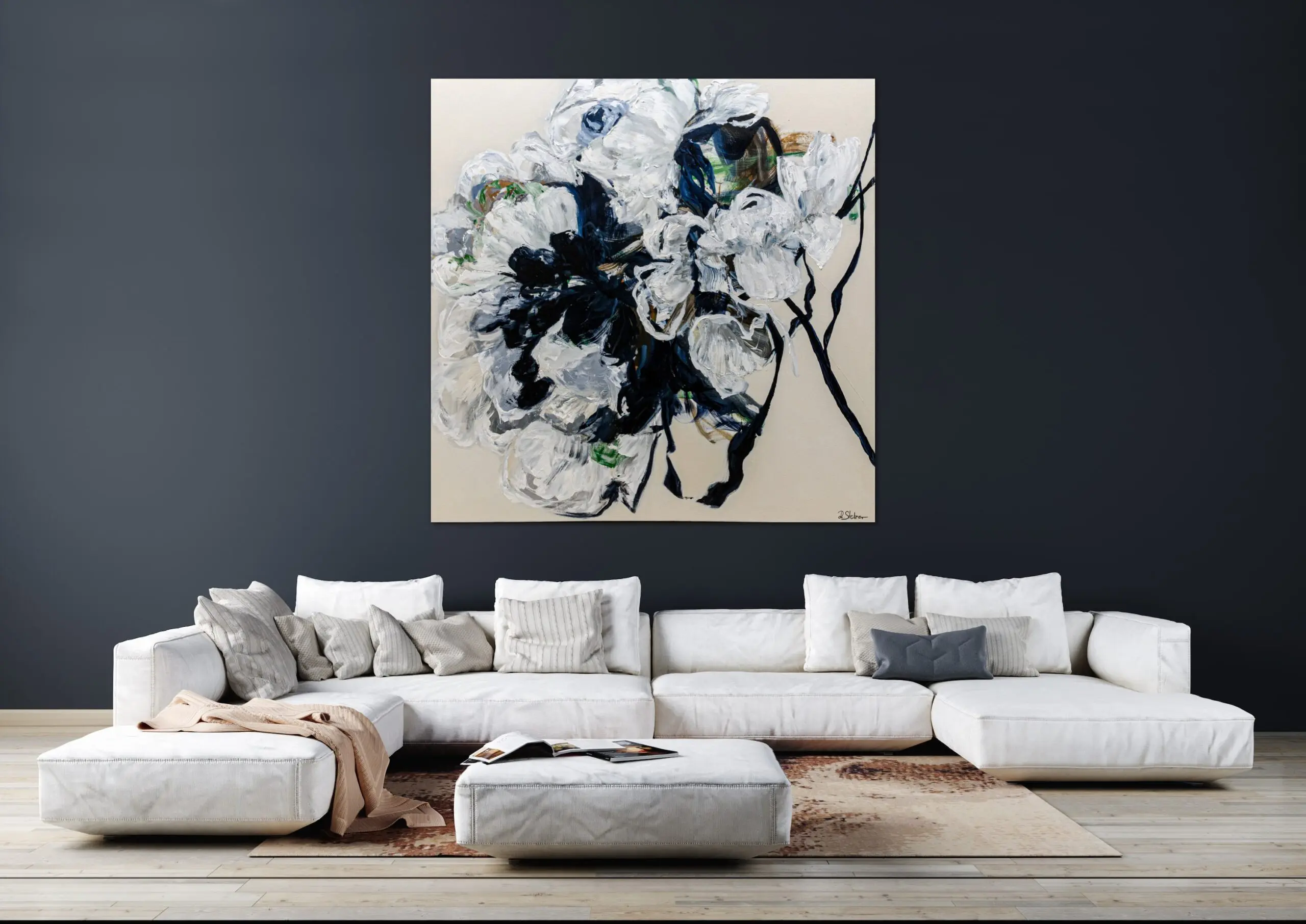 Petals of Light #3 by artist Ramona Stelzer, view in a room view in a room of large abstract floral painting Petals of Light #3 by artist Ramona Stelzer