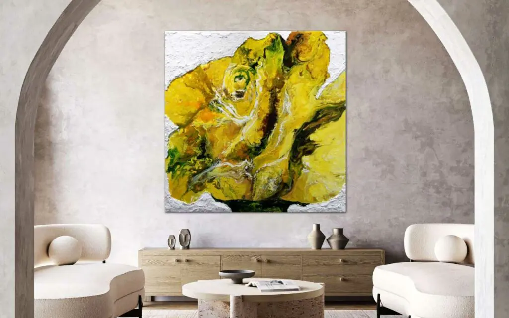 Morning Glory painting of a yellow rose by Haleh Mashian in a room