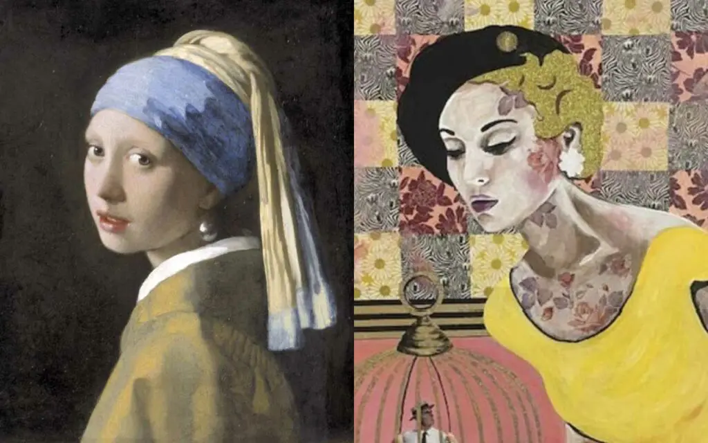 Johannes Vermeer's "Girl with a Pearl Earring" beside Cabell Molina's "I'm Looking Through You" shows the evolution of artistic styles