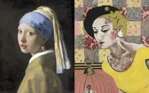 Johannes Vermeer's "Girl with a Pearl Earring" beside Cabell Molina's "I'm Looking Through You" shows the evolution of artistic styles
