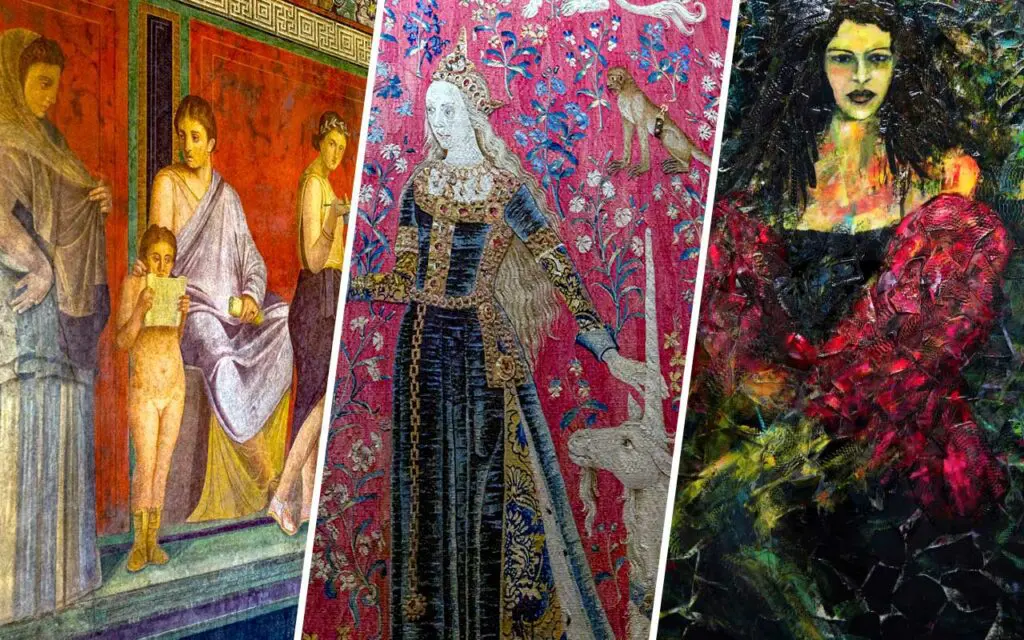 Roman Mural, Medieval Tapestry, and Modern Figurative Painting showing the evolution of interior art