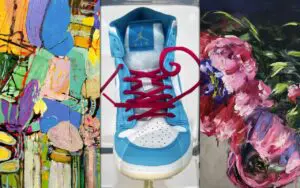 Detail of three artworks in the Dazzling Glamor of Creative Pursuit exhibition