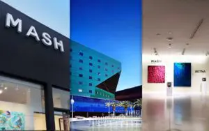 Collage of Mash Gallery, the PDC, and RETNA art exhibition.