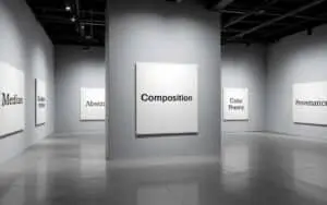 Minimalist art gallery with art terms on blank canvases
