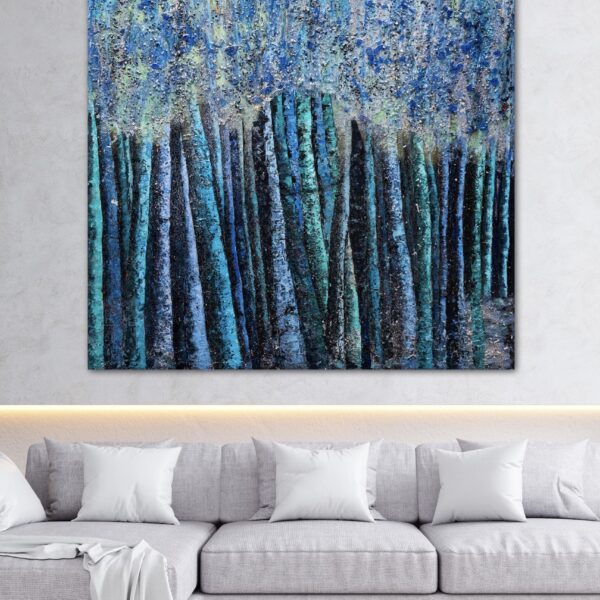 Blue Moon mixed media Tree painting by Haleh Mashian on display