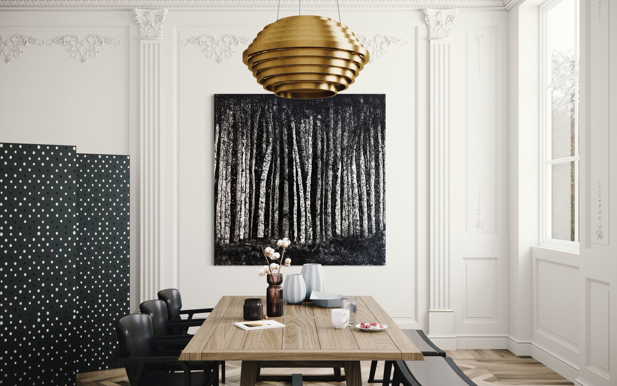 Black and white textural painting view in a room