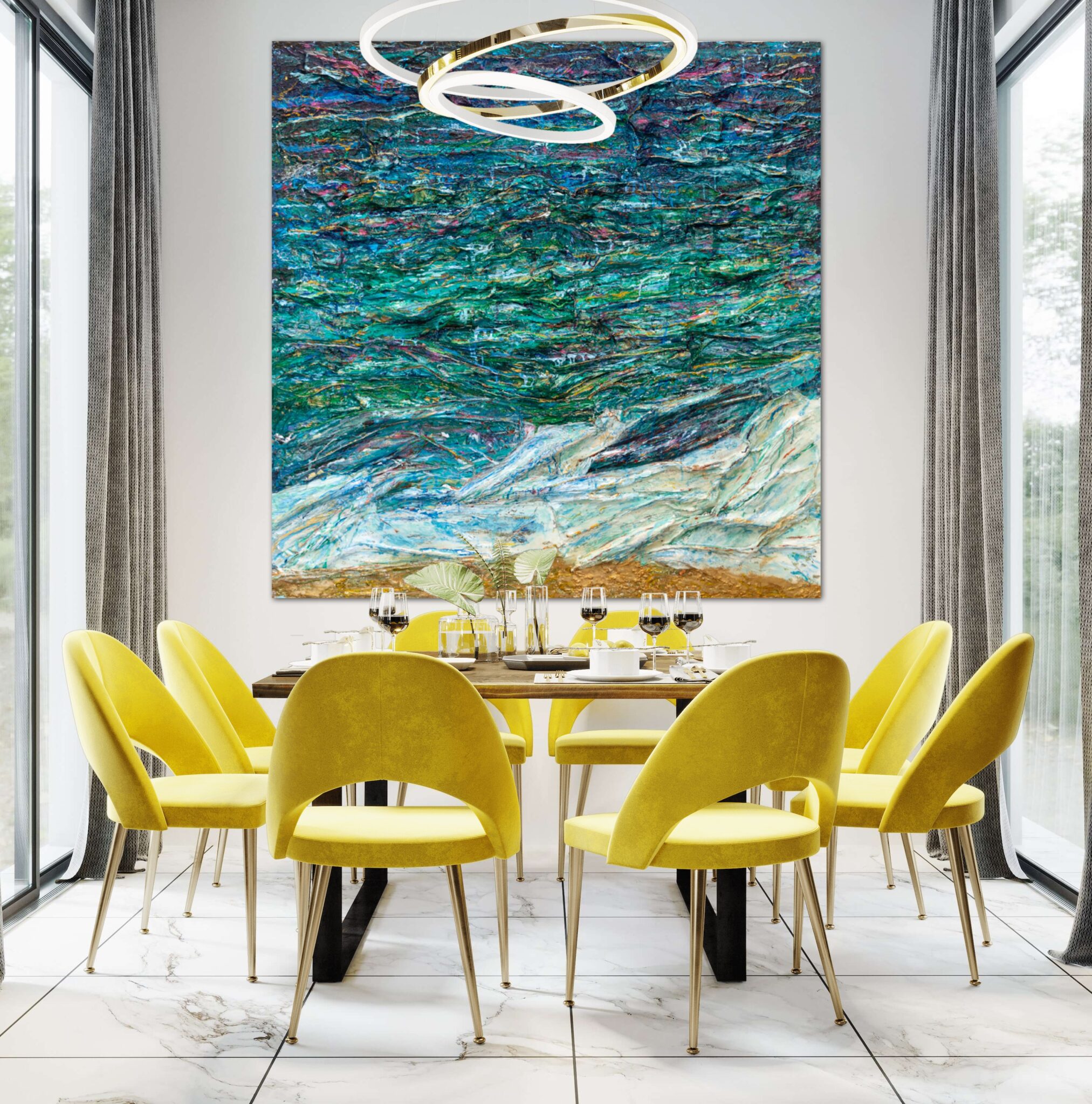 Textural ocean painting view in a room