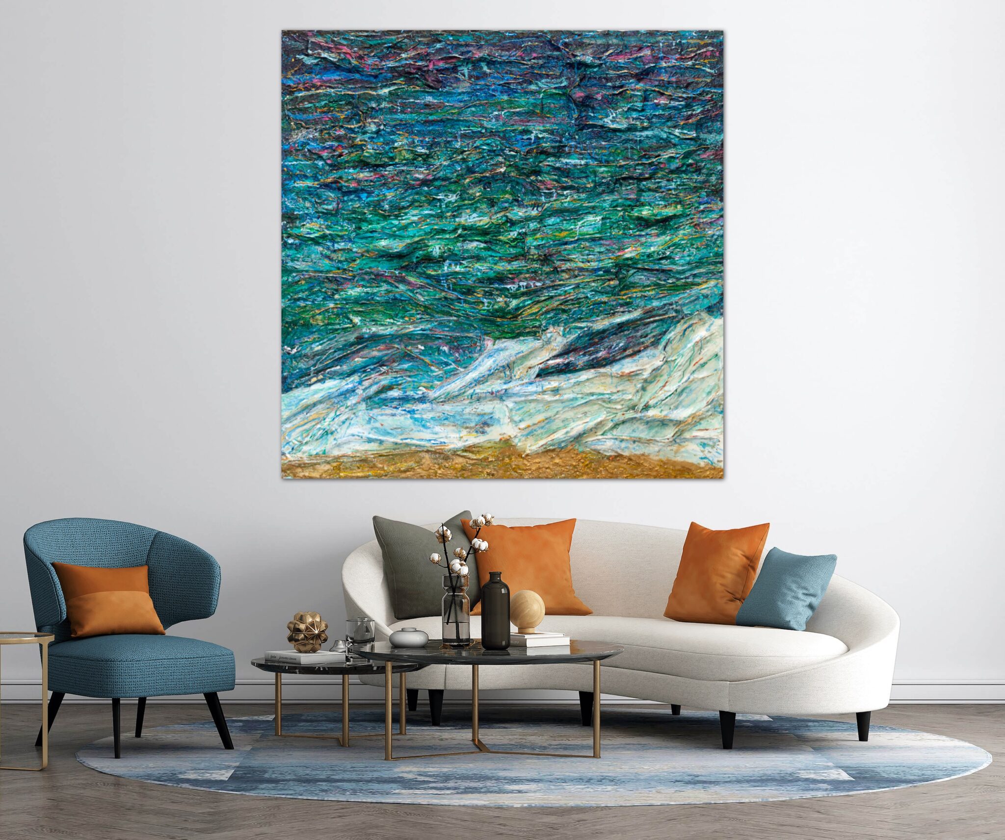 Textural ocean painting view in a room