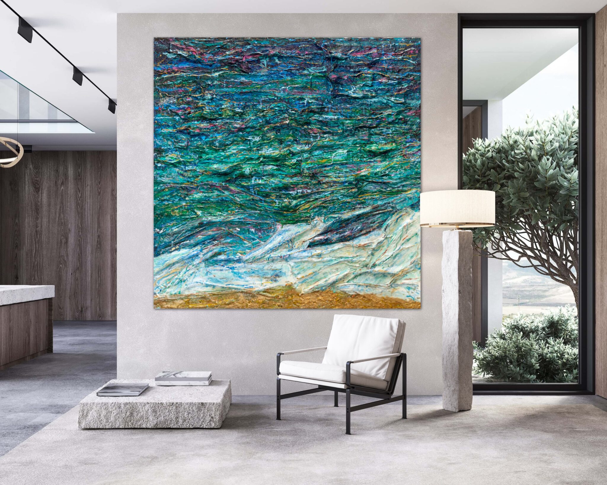 Textural ocean painting view in a room