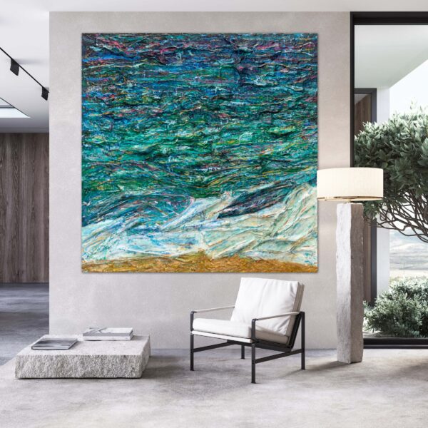 Textural ocean painting view in a room