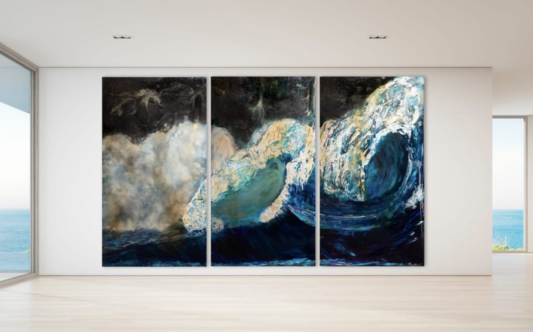 Glistening Heights by Haleh Mashian on display in a room with a view of the ocean