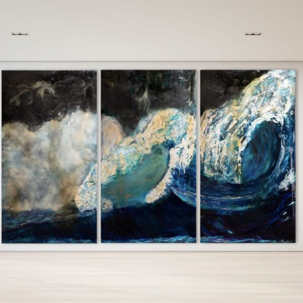 Glistening Heights by Haleh Mashian on display in a room with a view of the ocean