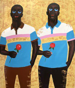 Brotherly Love features two men dressed alike on a gold field holding red roses,