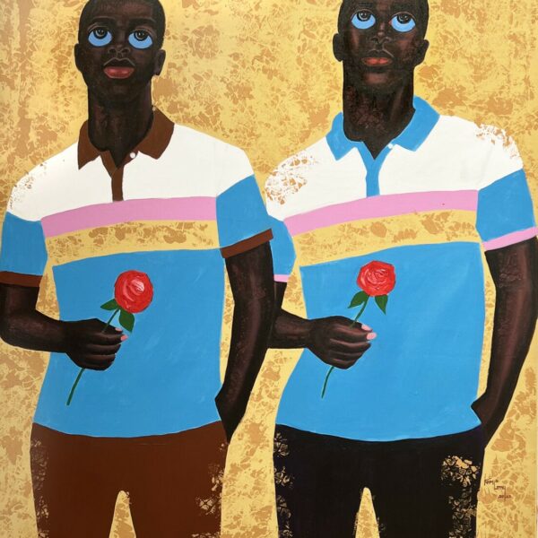 Brotherly Love features two men dressed alike holding red roses.