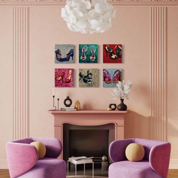 I love shoes paintings by Haleh Mashian in a colorful room