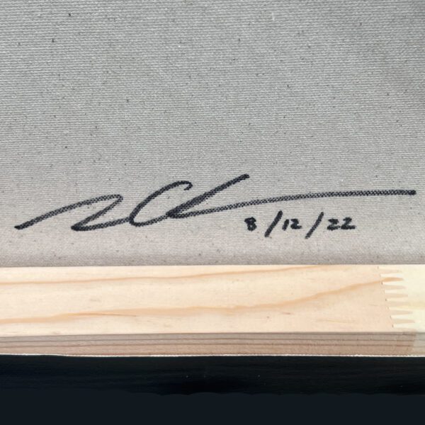 The artist's signature and date on the back of the painting MINKY by Tim Christie