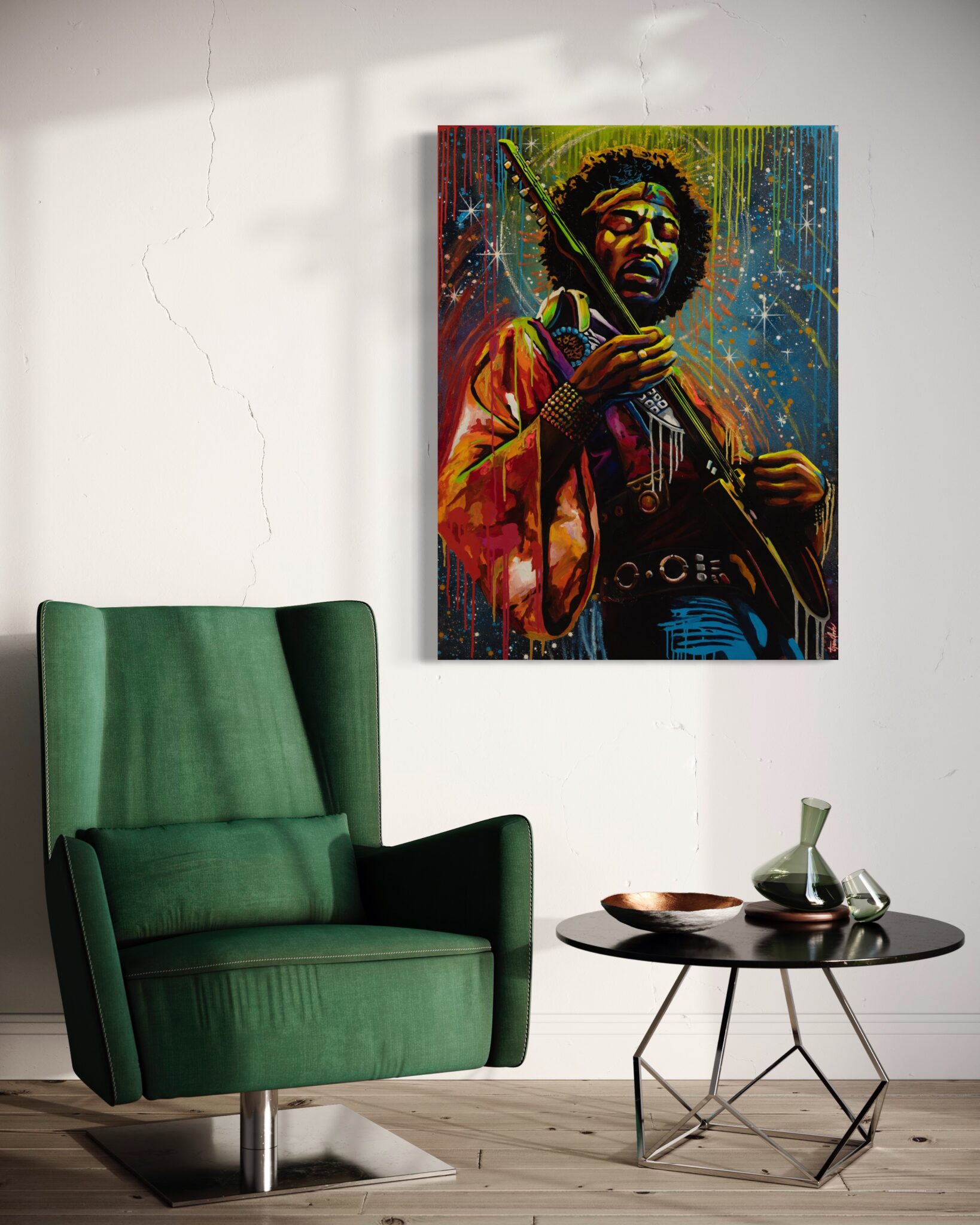 Trew Love mixed media artwork Jimi view in a room