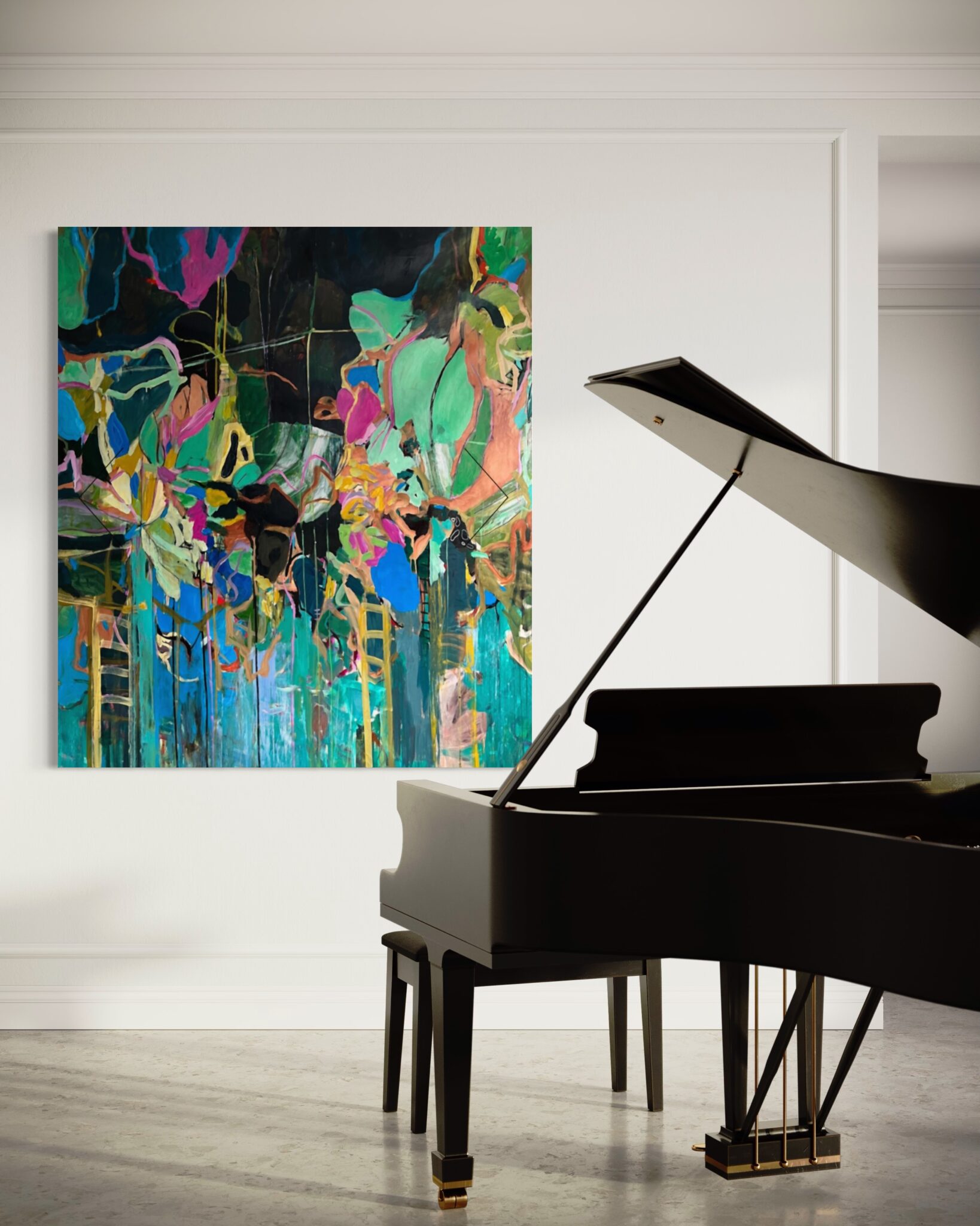 Christy Hopkins painting and piano view in a room