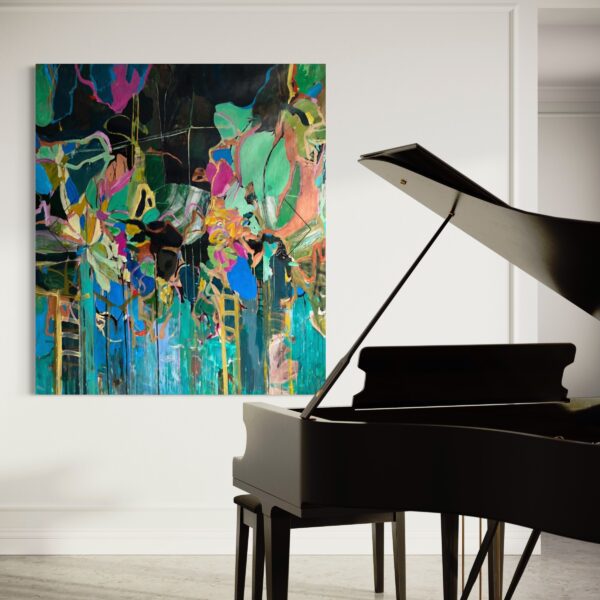 Christy Hopkins painting and piano view in a room