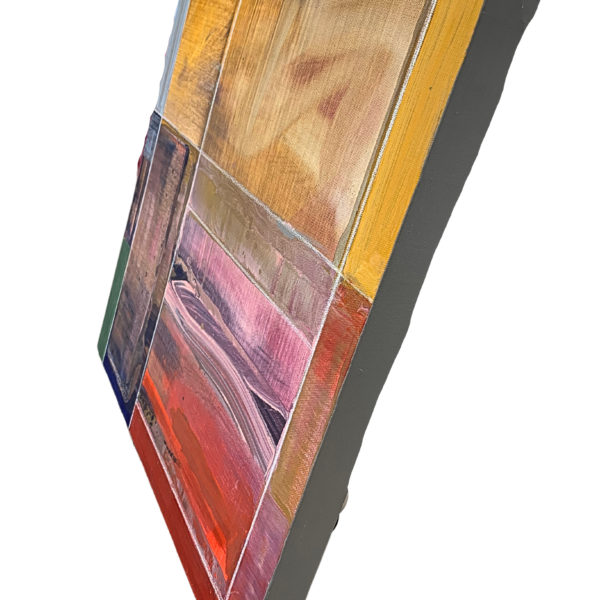 A side view photo of geometric, modern abstract painting by David Kupferman