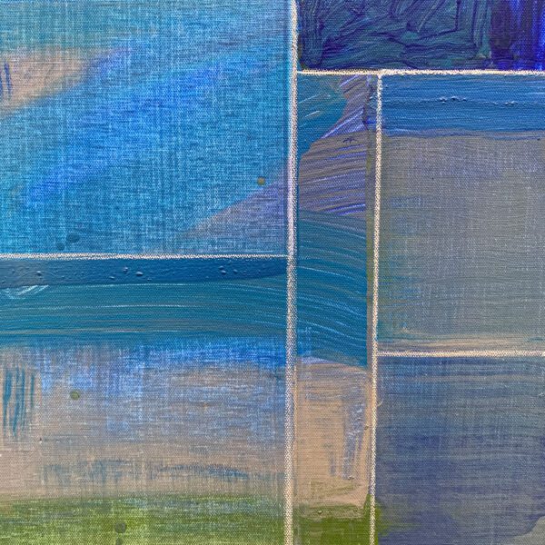 A close-up detail photo of a modern, colorful geometric painting diptych by David Kupferman, AH 9-19-20 by David Kupferman