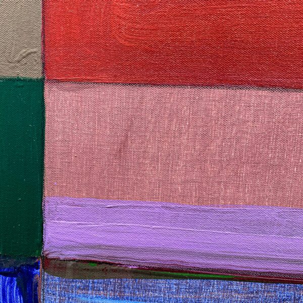 A close-up detail photo of a modern, colorful geometric painting by David Kupferman, AI 1-6