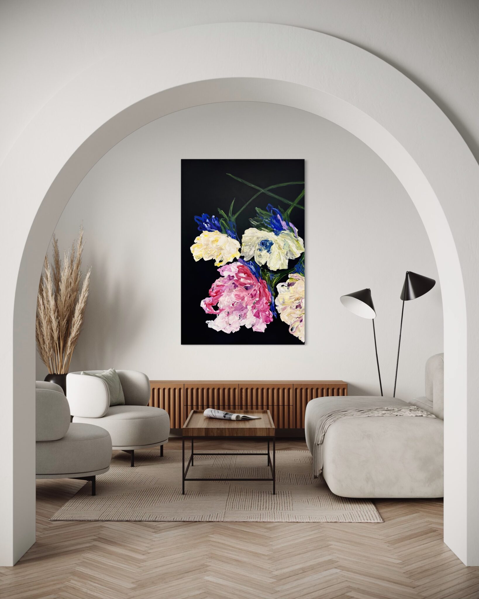 view in a room of large abstract floral painting Lost in a Dream #1 by artist Ramona Stelzer