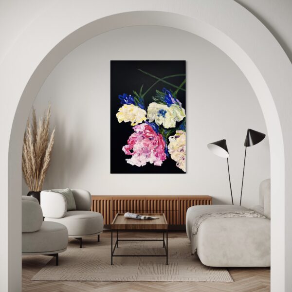 view in a room of large abstract floral painting Lost in a Dream #1 by artist Ramona Stelzer