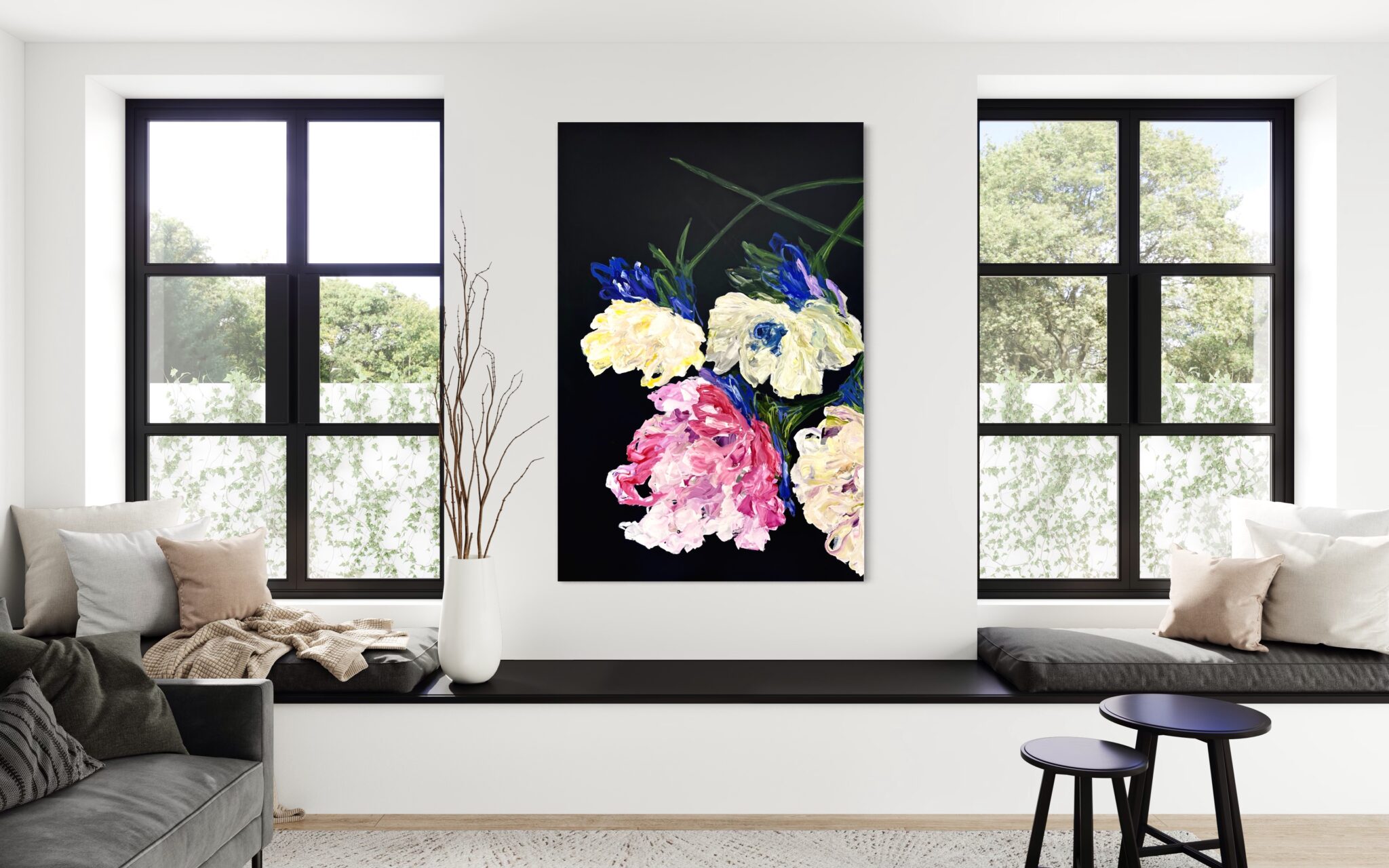 view in a room of large abstract floral painting Lost in a Dream #1 by artist Ramona Stelzer