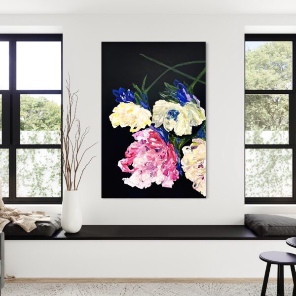 view in a room of large abstract floral painting Lost in a Dream #1 by artist Ramona Stelzer