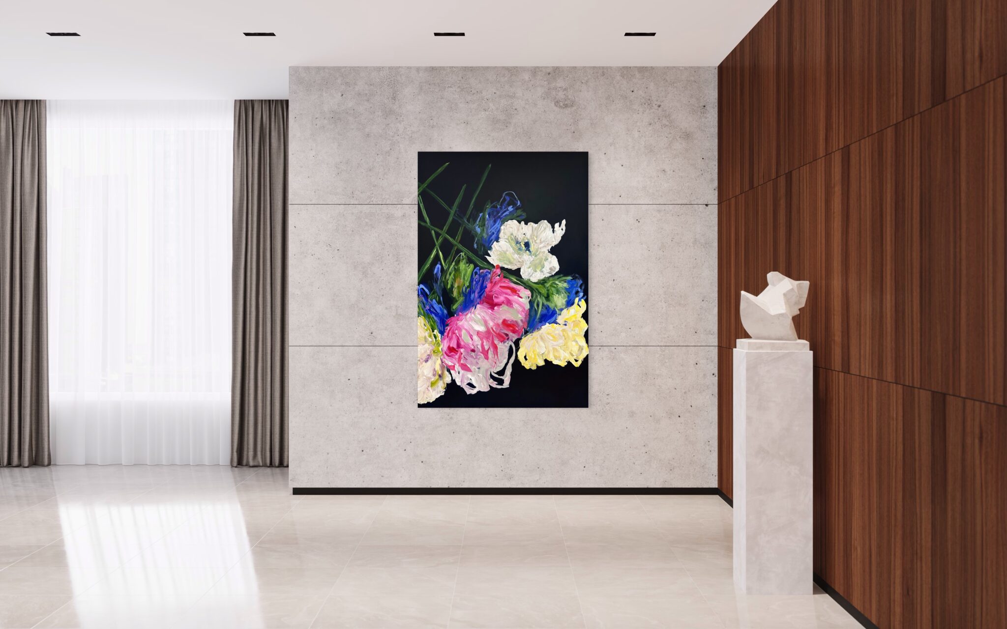 view in a room of large abstract floral painting Lost in a Dream #2 by artist Ramona Stelzer