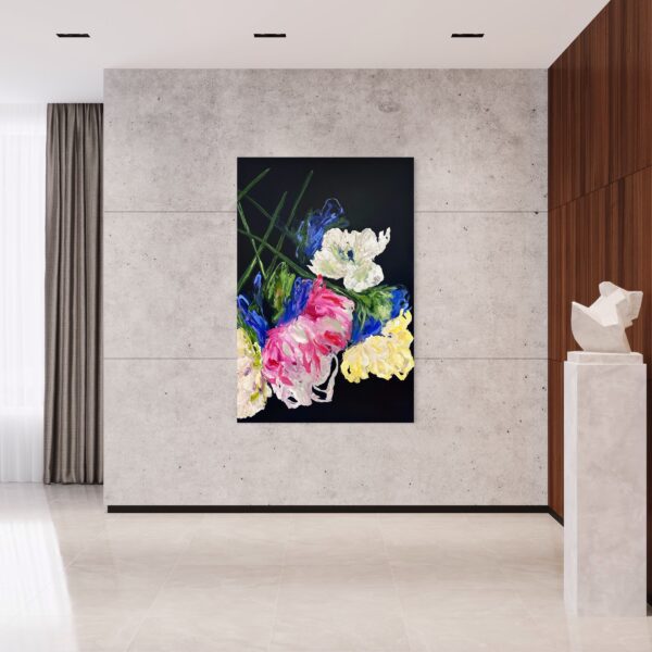 view in a room of large abstract floral painting Lost in a Dream #2 by artist Ramona Stelzer