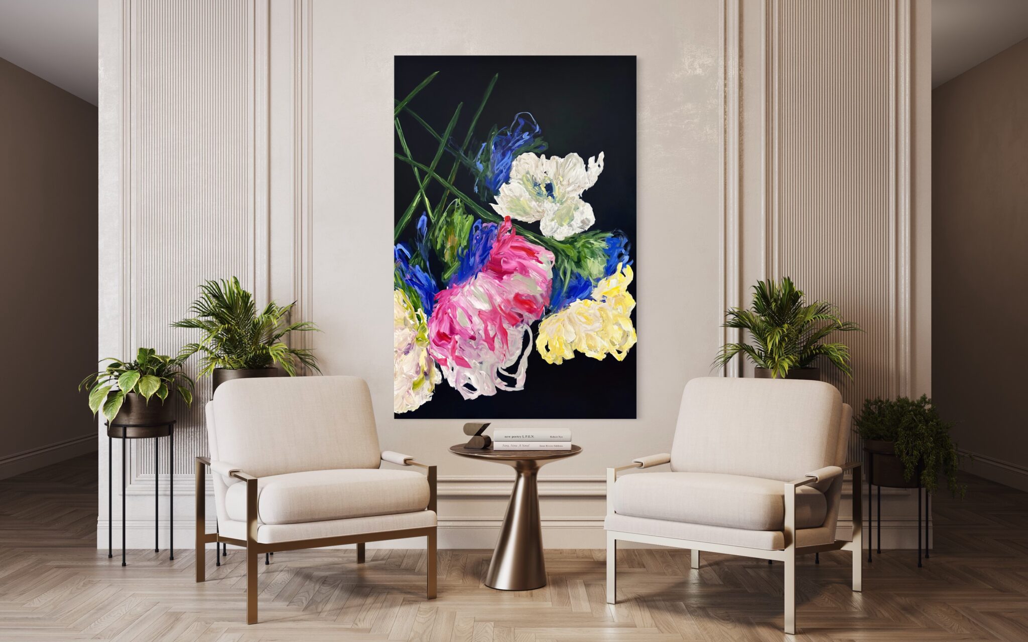 view in a room of large abstract floral painting Lost in a Dream #2 by artist Ramona Stelzer