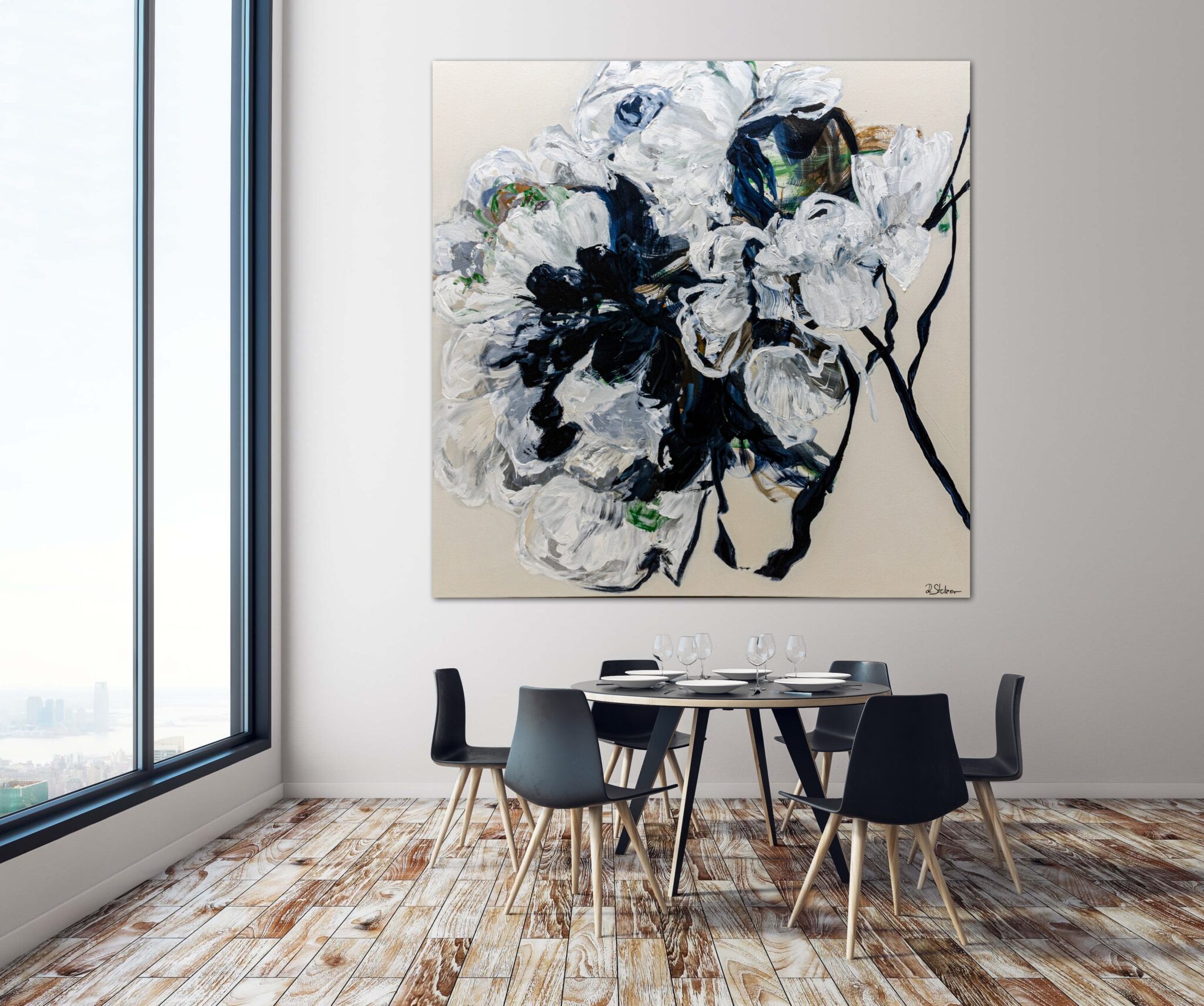 view in a room of large abstract floral painting Petals of Light #3 by artist Ramona Stelzer