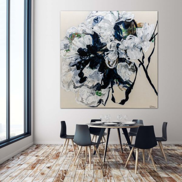 view in a room of large abstract floral painting Petals of Light #3 by artist Ramona Stelzer