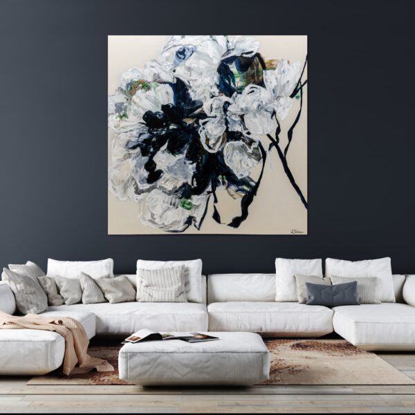 view in a room of large abstract floral painting Petals of Light #3 by artist Ramona Stelzer