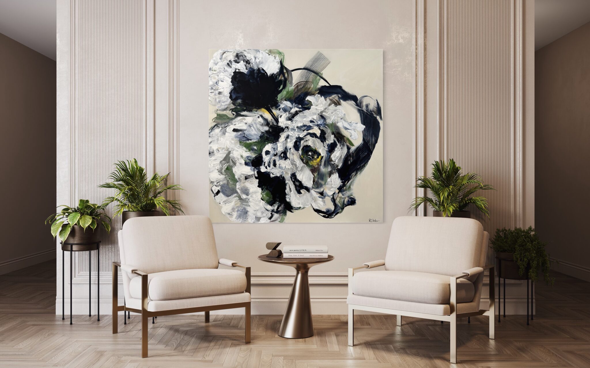 View in a room photograph of an abstract floral painting by Ramona Stelzer, Petals of Light #4