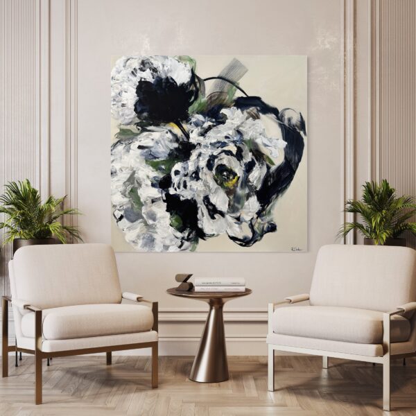 View in a room photograph of an abstract floral painting by Ramona Stelzer, Petals of Light #4