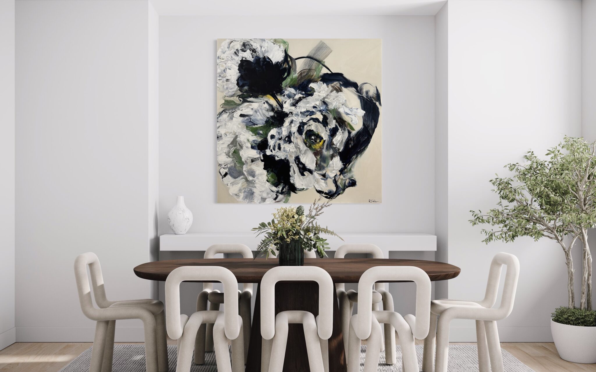 View in a room photograph of an abstract floral painting by Ramona Stelzer, Petals of Light #4