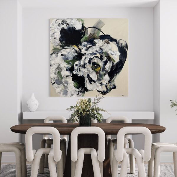 View in a room photograph of an abstract floral painting by Ramona Stelzer, Petals of Light #4