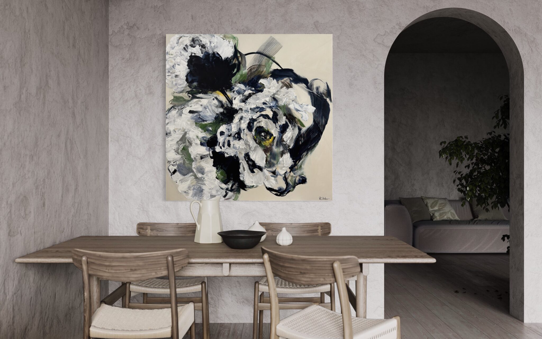 View in a room photograph of an abstract floral painting by Ramona Stelzer, Petals of Light #4