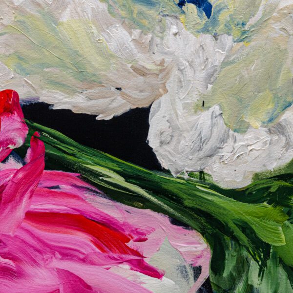 A detailed close up photo of the large abstract floral painting, Lost in a Dream #2 by Ramona Stelzer