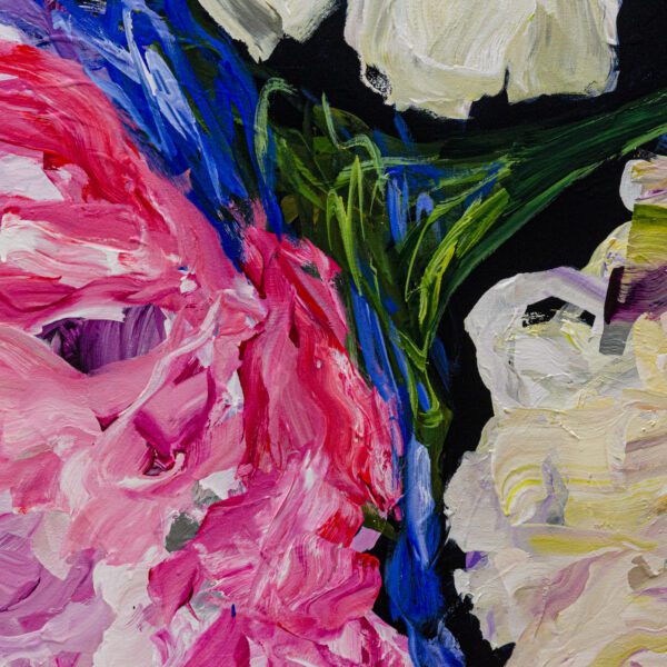 A detailed close up photo of the large abstract floral painting, Lost in a Dream #1 by Ramona Stelzer