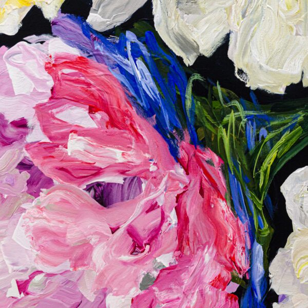 A detailed close up photo of the large abstract floral painting, Lost in a Dream #1 by Ramona Stelzer