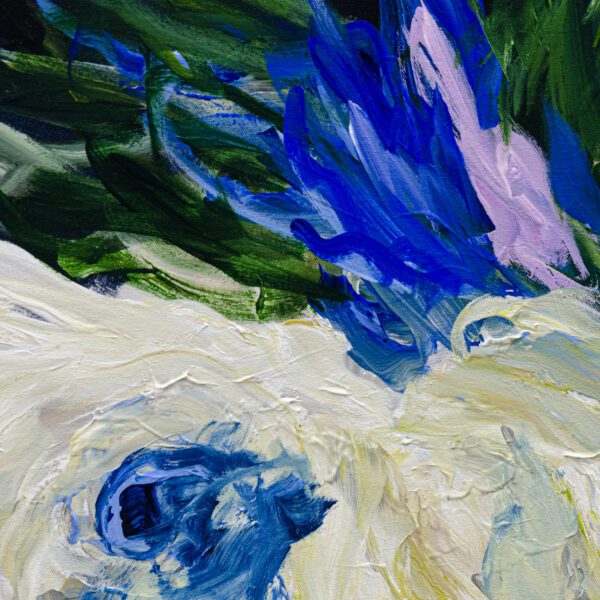 A detailed close up photo of the large abstract floral painting, Lost in a Dream #1 by Ramona Stelzer