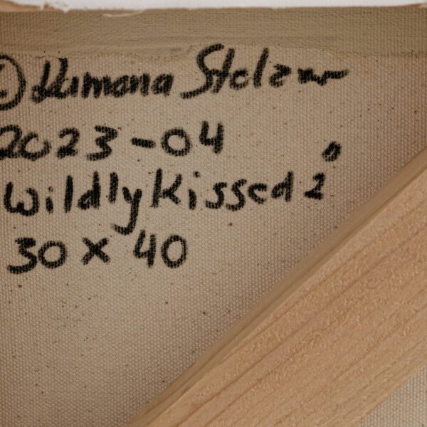 A detailed close up photo of the artist's signature and copyright on the back of a large floral painting Wildly Kissed #2 by Ramona Stelzer