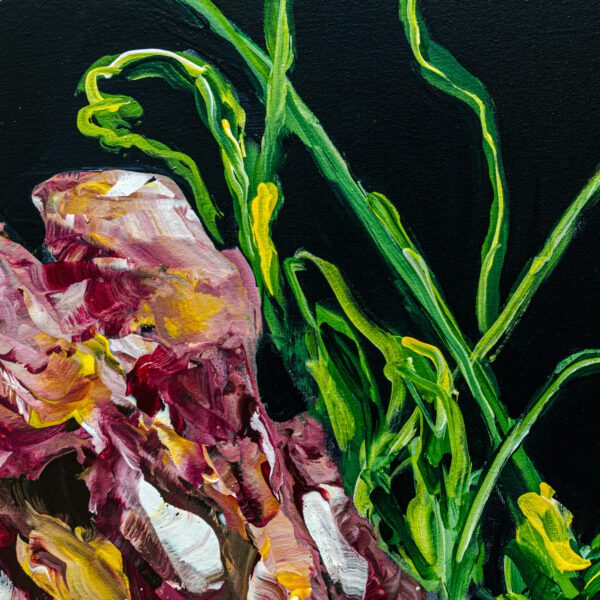 A detailed close up photo of a large abstract floral painting, Wildly Kissed #2 by Ramona Stelzer