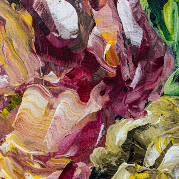 A detailed close up photo of a large abstract floral painting, Wildly Kissed #2 by Ramona Stelzer